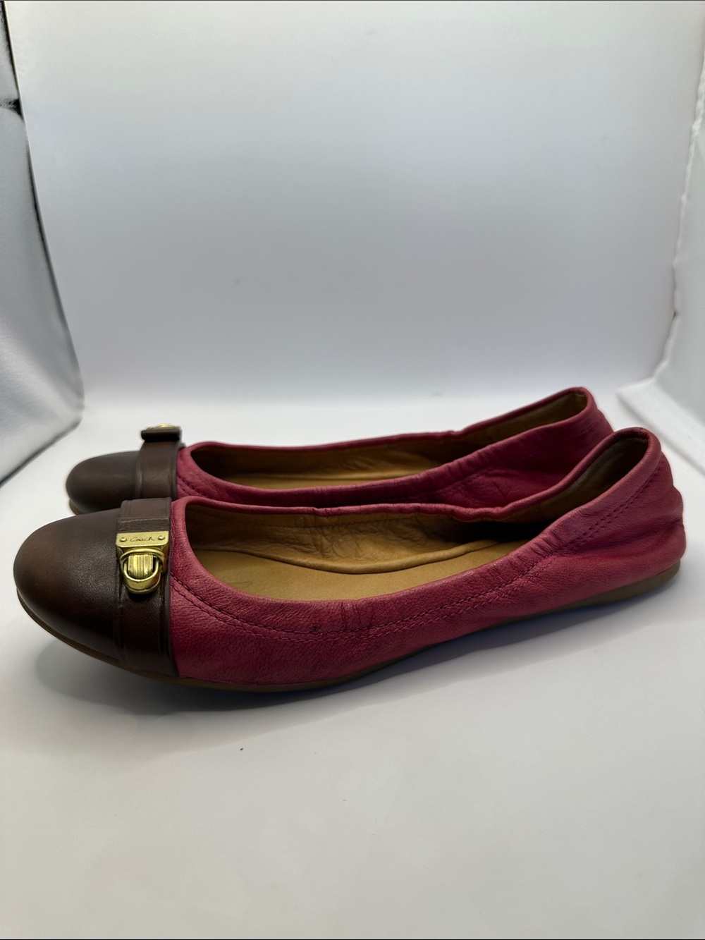 Coach Pink Fabric and Brown Leather Cap-Toe Ballet Flats with Gold Accent - Picture 4 of 11